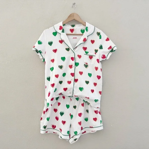 Roller Rabbit Big Holiday Hearts Pajama Short Set Large Green Red Pima Cotton - Picture 4 of 8
